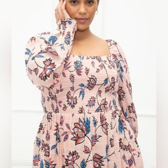 ELOQUII Elements Smocked Floral Print Blush Pink Midi Dress Sz 18 20 18/20 or 2X - Picture 2 of 11